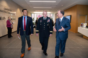 Pictured from left to right: Col. Francisco J. Leija, Gen. Mike Murray and Chancellor John Sharp tour the Center for Infrastructure Renewal.