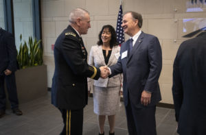 Chancellor John Sharp and Elaine Mendoza, then Vice Chairman of the Board of Regents, welcome Gen. Mike Murray to the Texas A&M campus last fall.