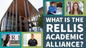 A photo grid showcasing four students and the entrance to the Academic Complex. 'What is the RELLIS Academic Alliance?"