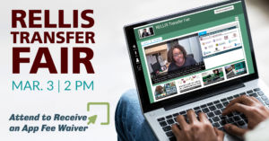 Graphic is of a student off to the corner with a laptop on their lap. Their hands are looking like they are typing on the laptop while watching a session with someone speaking. The words 'RELLIS Transfer Fair March 3 at 2 p.m.' are on the graphic.